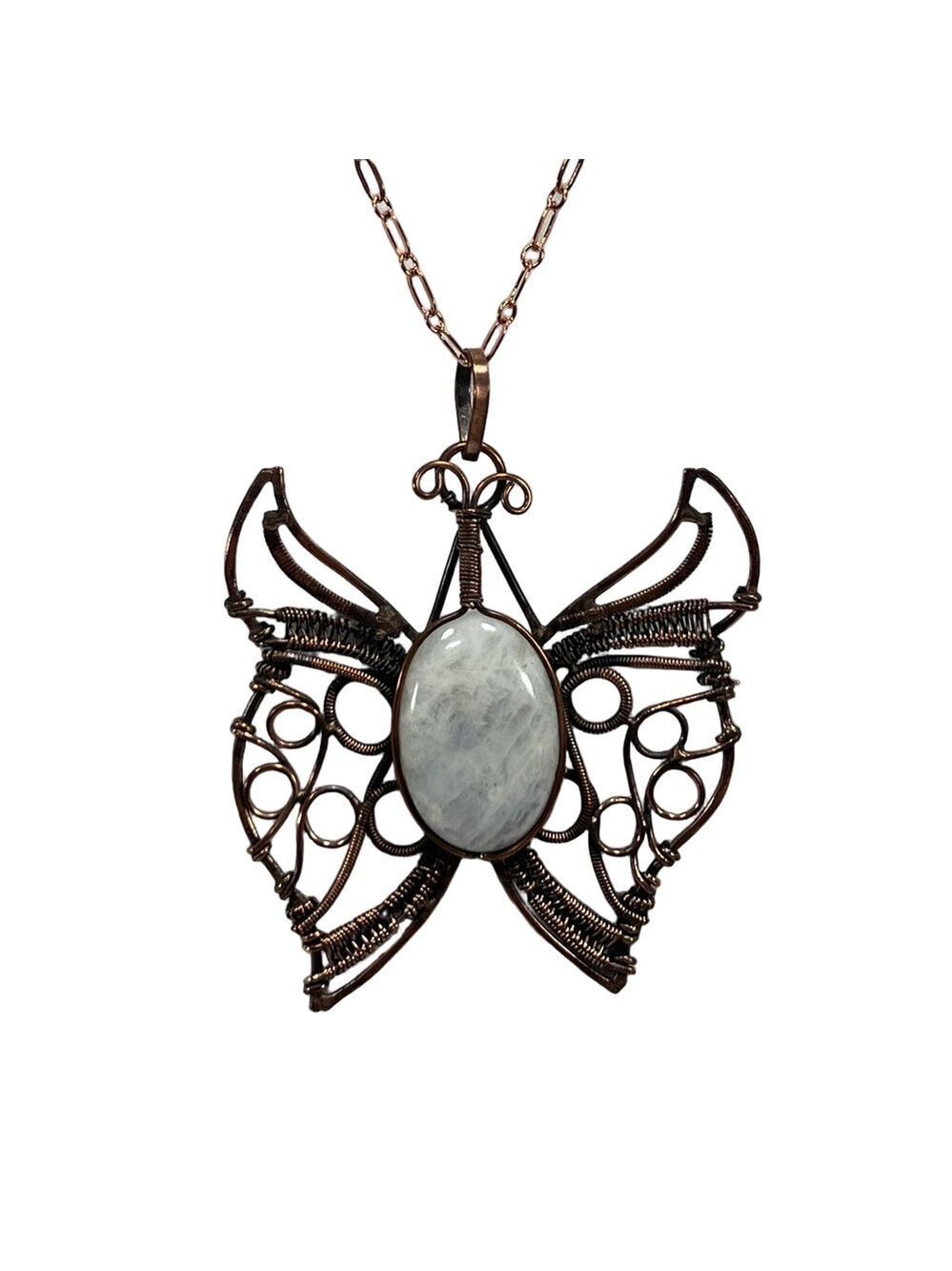 Copper Rainbow Moonstone Vintage Style Gemstone Butterfly Necklace #1